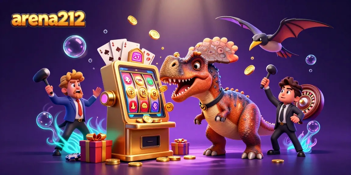 Arena212 menghadirkan keuntungan jackpot luar biasa dengan dino menghempaskan mesin slot, dikelilingi koin emas dan kartu bermain.