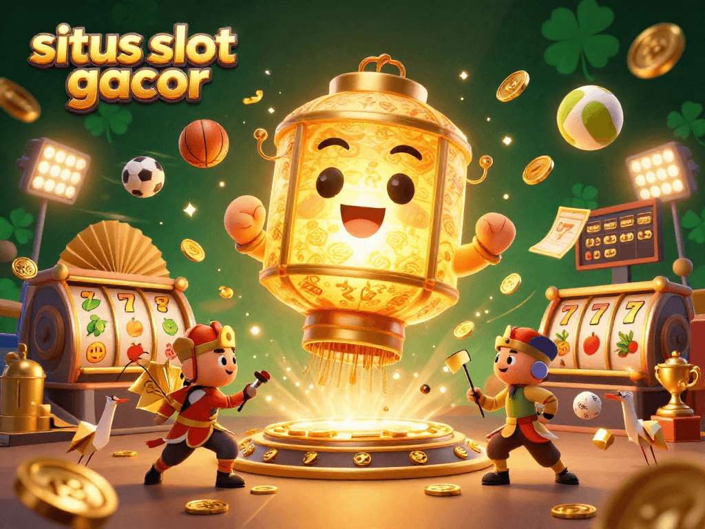 Experience the magic of situs slot gacor with a vibrant 3D casino scene highlighted by a golden lantern spirit and classic slot elements.