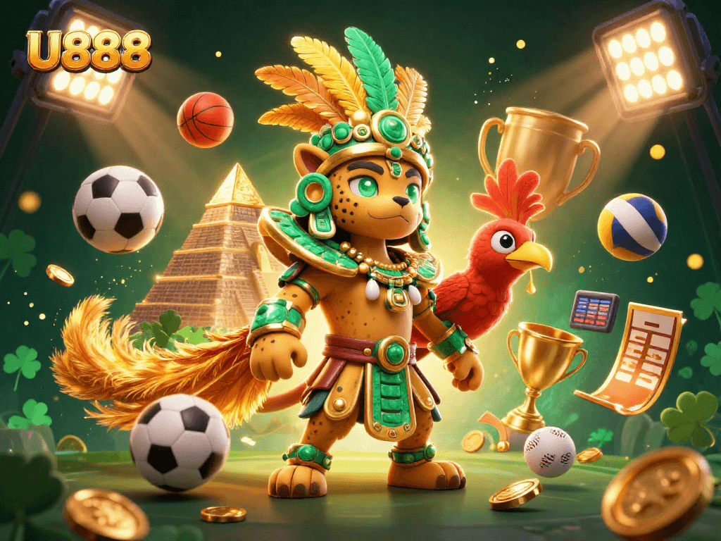 Experience the excitement of U888 sports betting with a vibrant 3D casino scene.