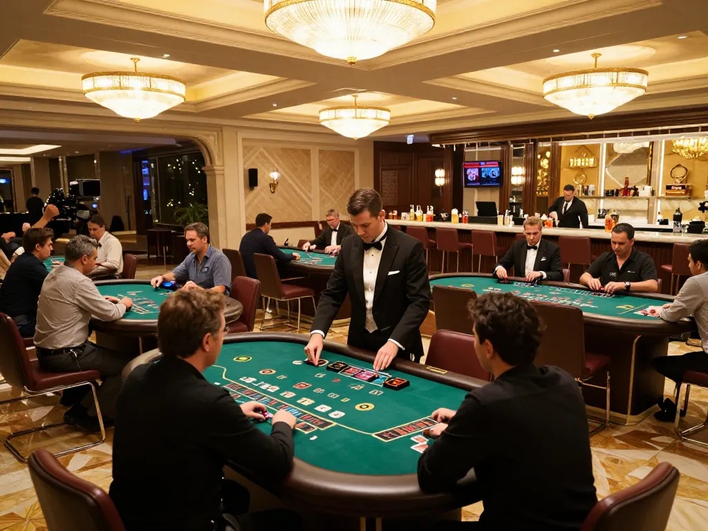 GO8 casino floor with players engaged at blackjack tables under warm chandelier lighting.