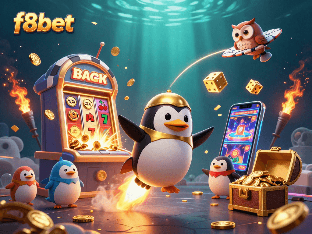 Experience the thrill of f8bet with a whimsical golden penguin and exciting casino elements.