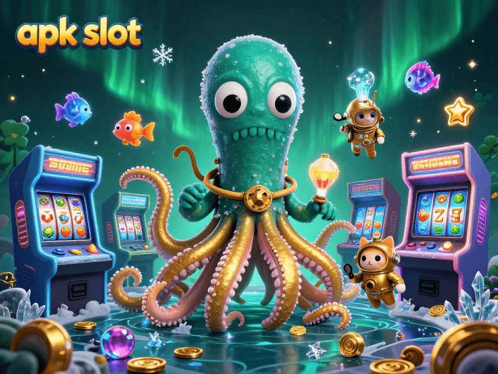 Aksi bermain apk slot dengan karakter kraken dan ikan laut bercahaya dalam suasana kasino yang menarik