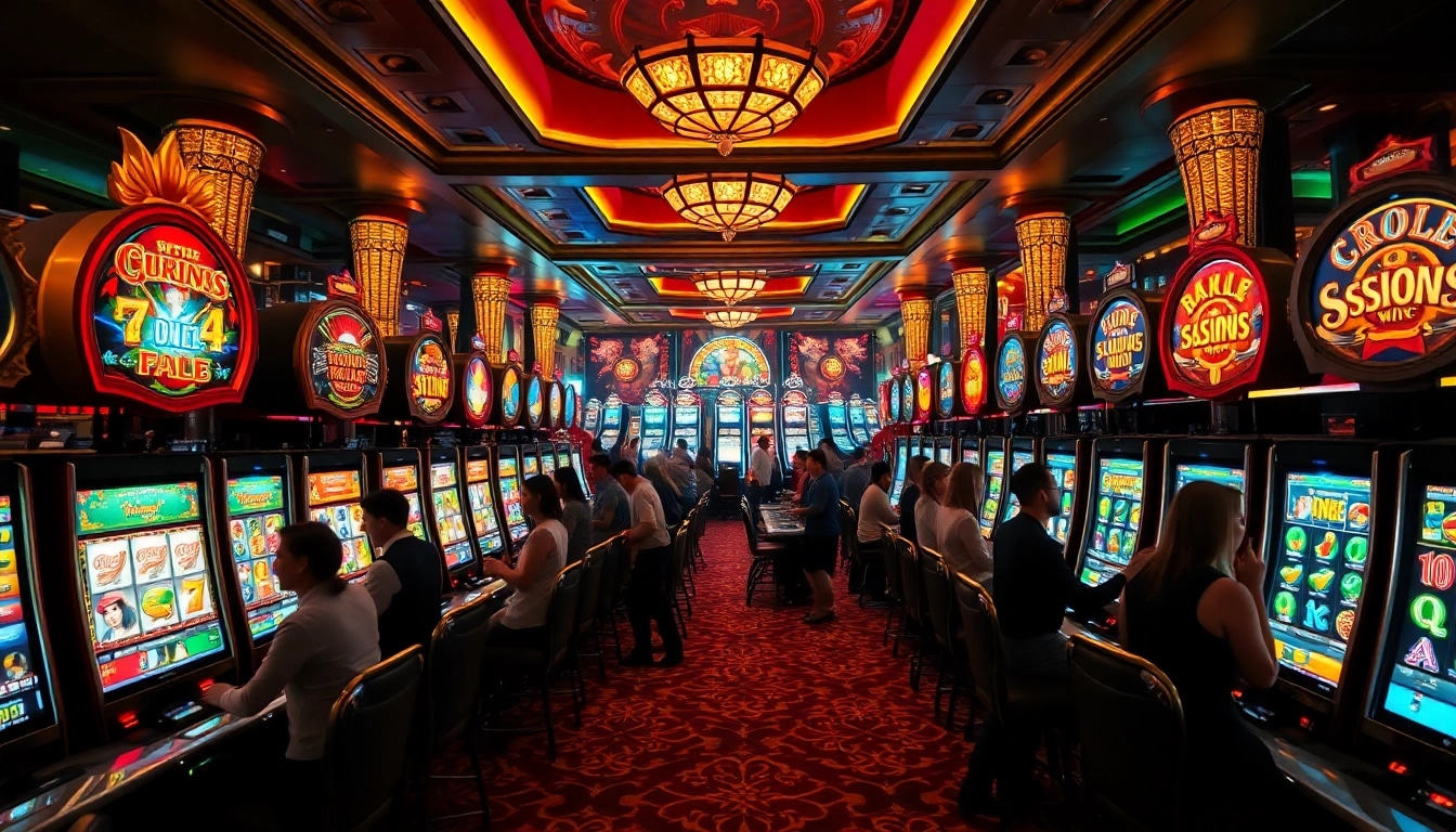 Exciting slot machines in a vibrant casino atmosphere with players winning big.