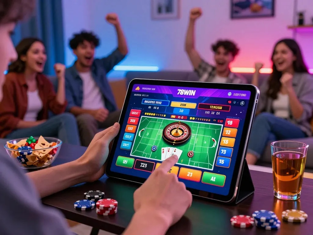 Engaging online gaming scene featuring a user exploring trang chủ 78win with casino elements, vibrant ambiance, and lively atmosphere.