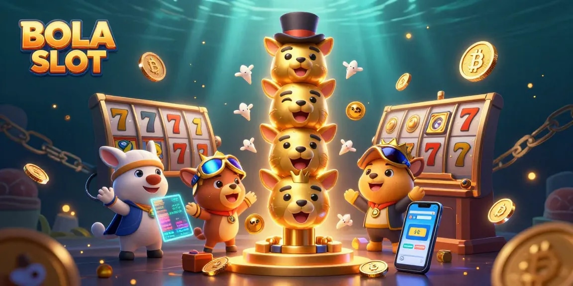 Play exciting games at BOLA SLOT with vibrant 3D illustrations featuring captivating slot elements and crypto coins.