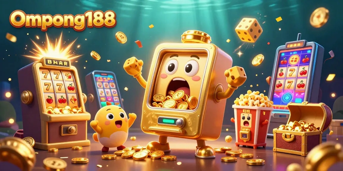 Ompong188 merayakan jackpot dengan mesin slot emas dan koin bersinar, menyajikan keseruan kasino.