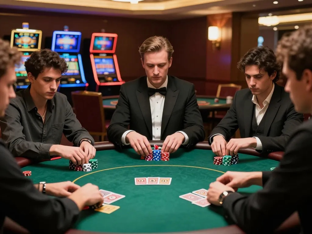 UGDEWA poker game in action at a luxurious casino with players deeply focused on strategy and winning.
