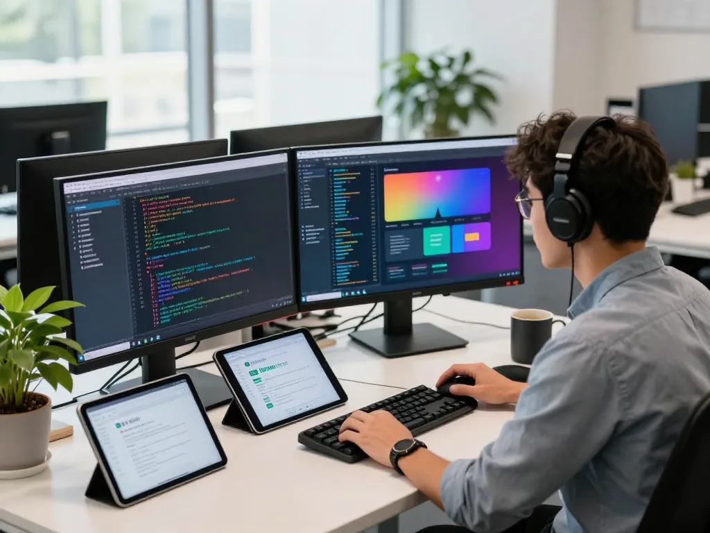 Engaging tech workspace showcasing crush ai innovation with vibrant coding on dual monitors.
