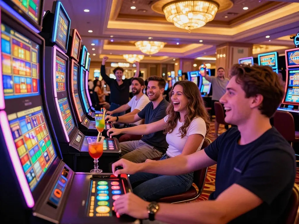Exciting nổ hũ gaming scene in a vibrant casino with players and colorful lights.