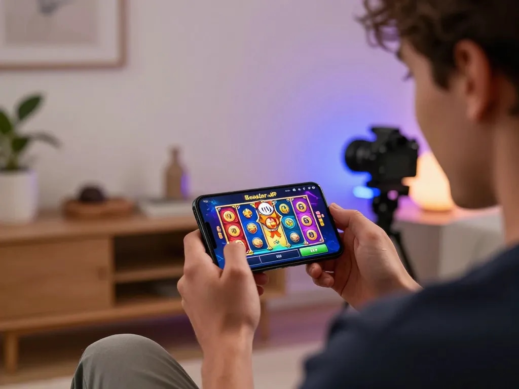 Player spinning the reels on Booster JP's casino app, highlighting exciting gameplay experience
