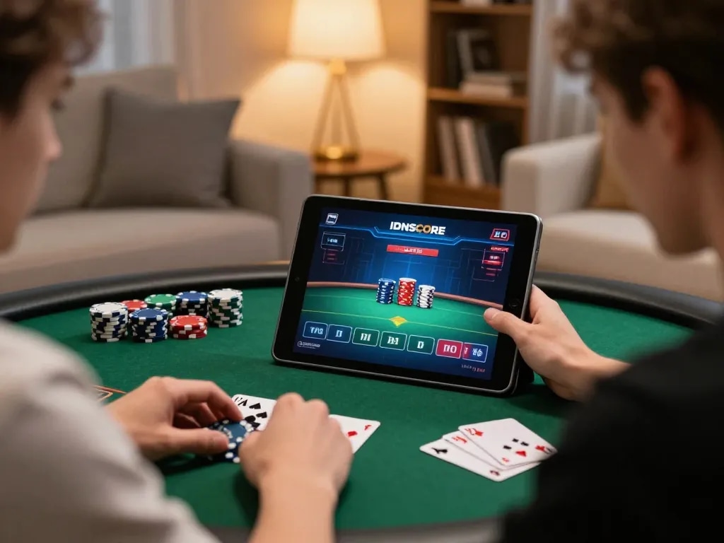 IDNSCORE player engaged in online poker strategy at home with tablet and chips.