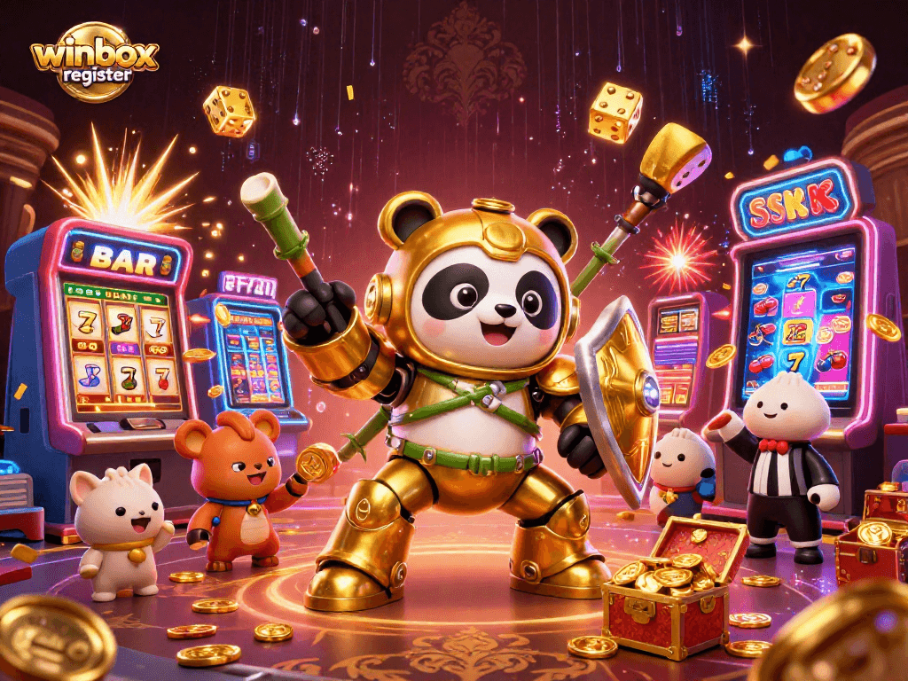 Experience the winbox register action in this vibrant 3D casino arena illustration filled with dynamic game elements.