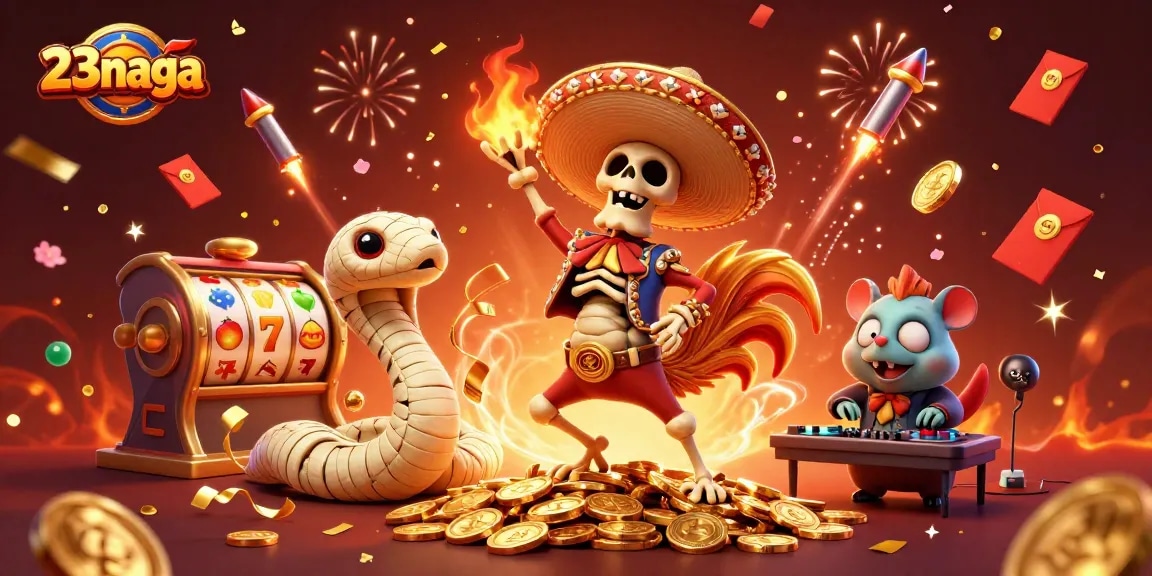 23naga menang dengan skeleton mariachi dan simbol slot yang mengelilinginya.