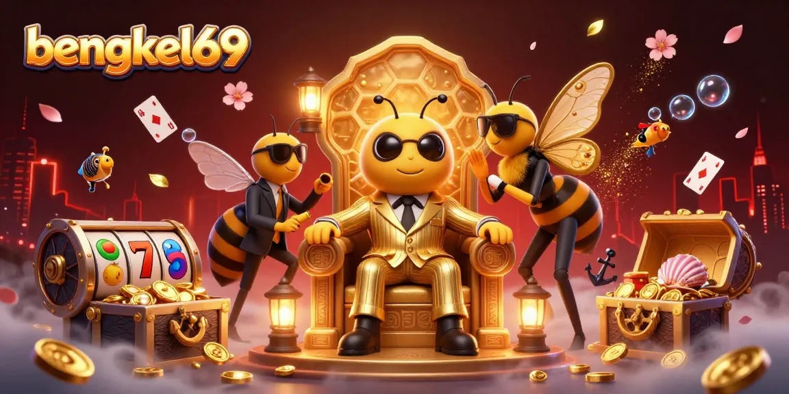 Bengkel69 showcases a vibrant 3D casino scene with a bee mob boss surrounded by dynamic slot game elements.