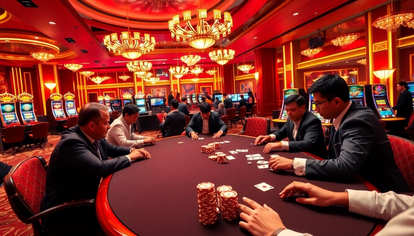 Engaging scene of professional gamblers at a luxurious casino, highlighting Nhà cái uy tín luck8 for an exciting gaming experience.