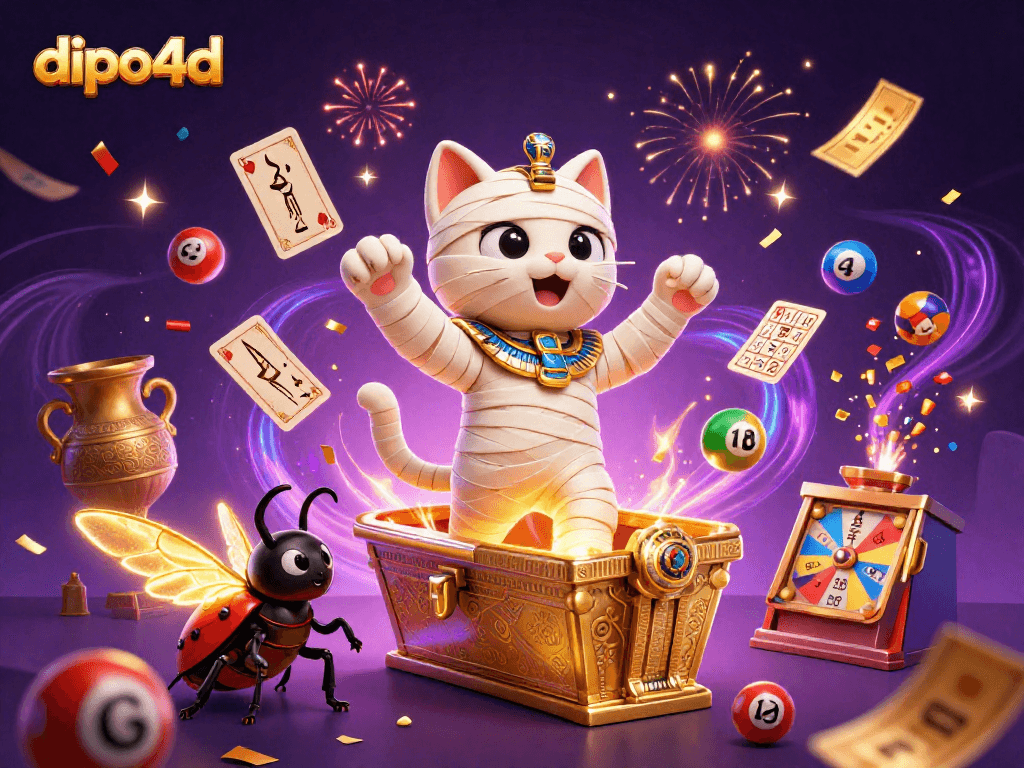 Win big with dipo4d in this vibrant casino scene featuring a mummy cat and golden elements.
