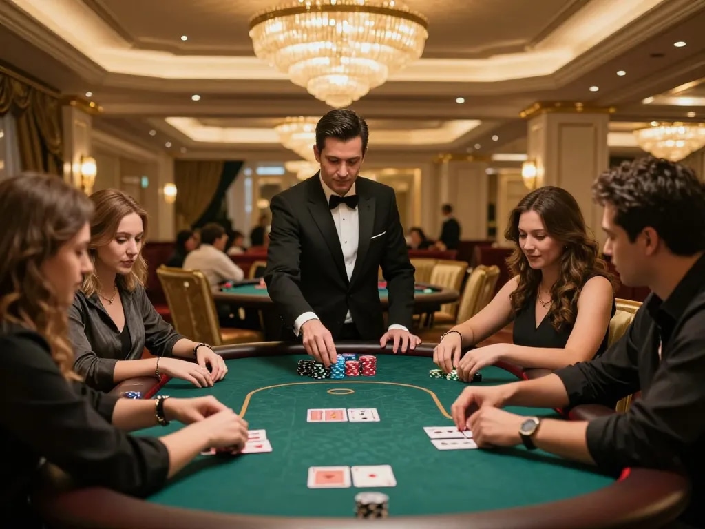 RR99 players enjoying intense poker action at a luxurious casino table under warm lighting