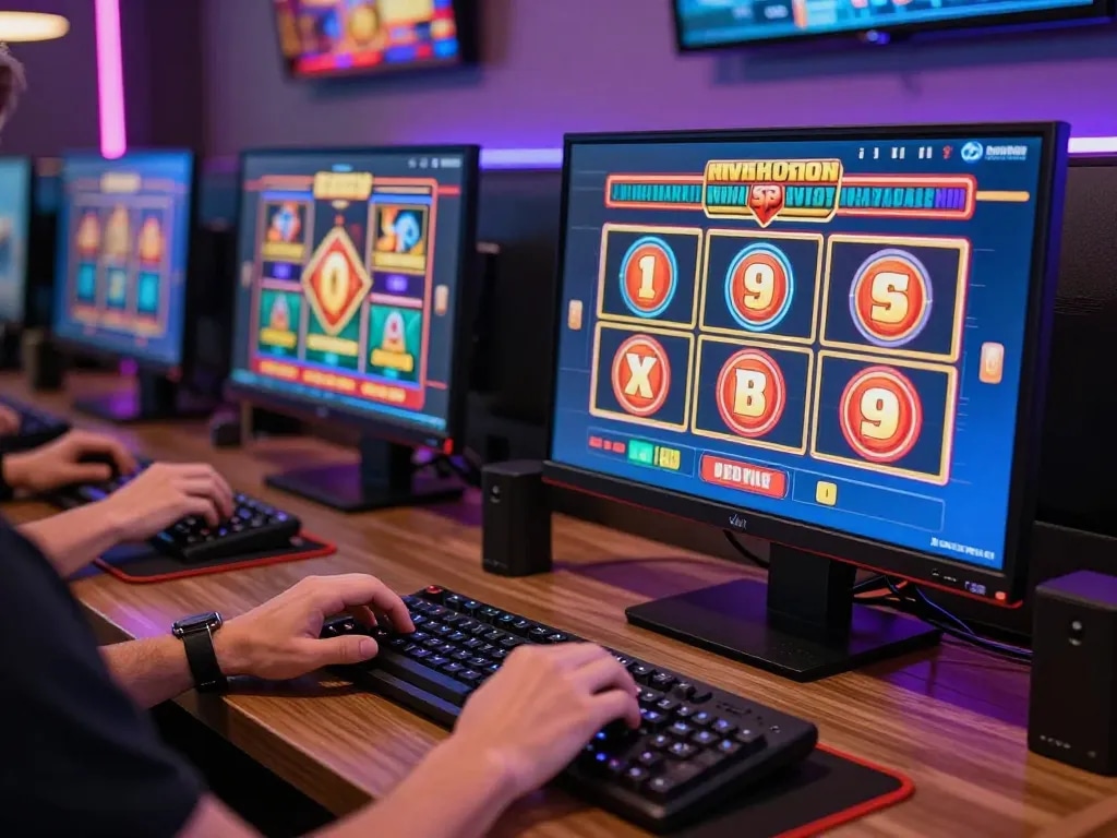 Enjoying thrilling slot games in a cozy online gaming setup with multiple screens and vibrant atmosphere.