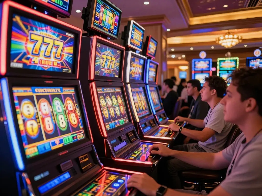 Engaged players spinning slot777 machines, vibrant colors showing potential wins in a lively casino.