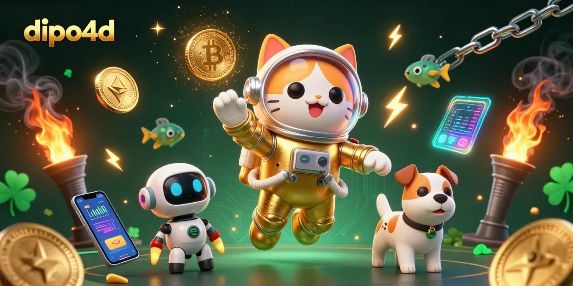 Engage with dipo4d in this vibrant 3D space-themed casino illustration showcasing crypto elements.
