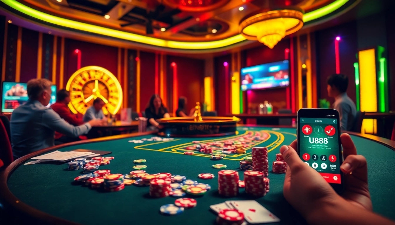 Gamblers enjoying an exciting moment at U888 online casino with vibrant chips and roulette wheel.