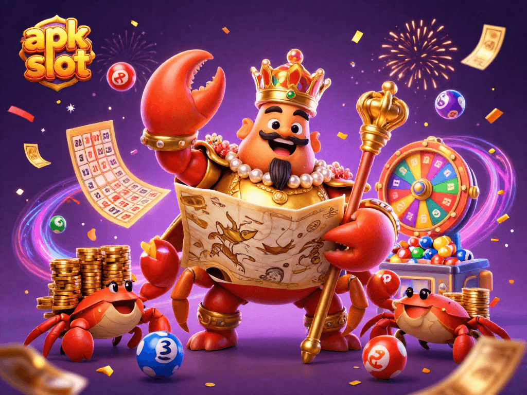 Permainan apk slot menarik dengan karakter kepiting emas dan elemen kasino menawan.
