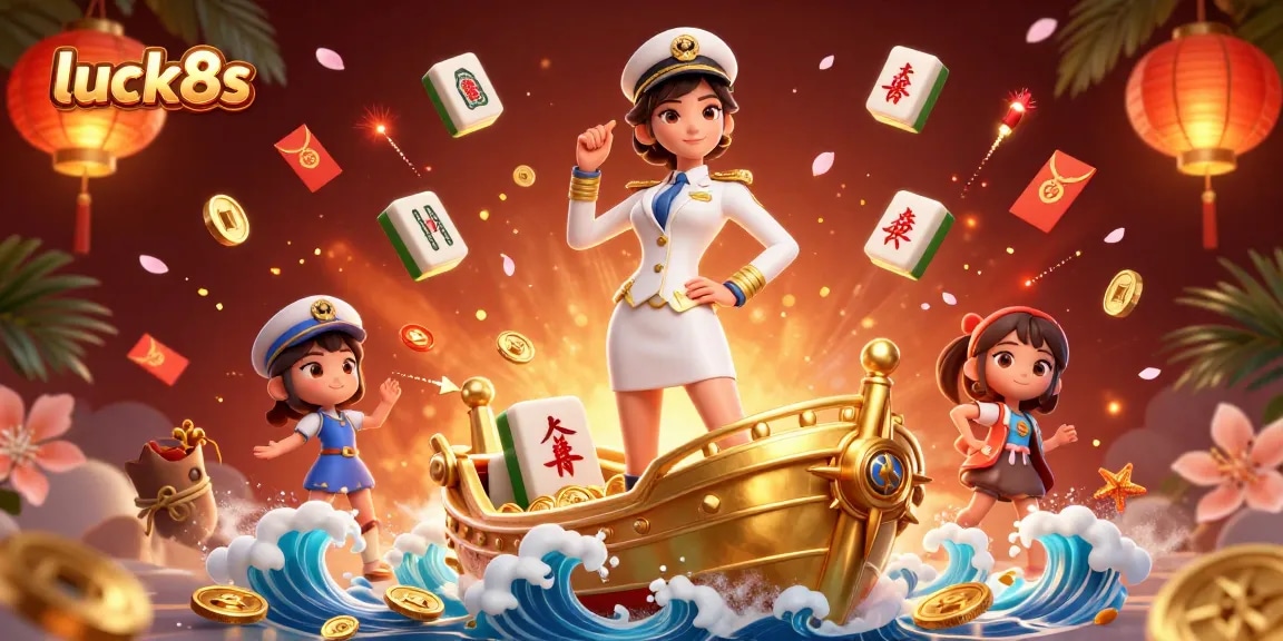 Experience luck8s at a vibrant casino scene with festive elements and an Asian naval officer.