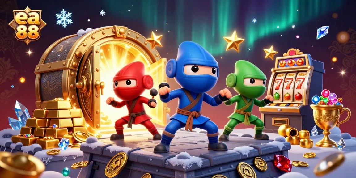 ea 88 showcases a vibrant scene with chameleons, gold treasures, and slot machines, inviting excitement.