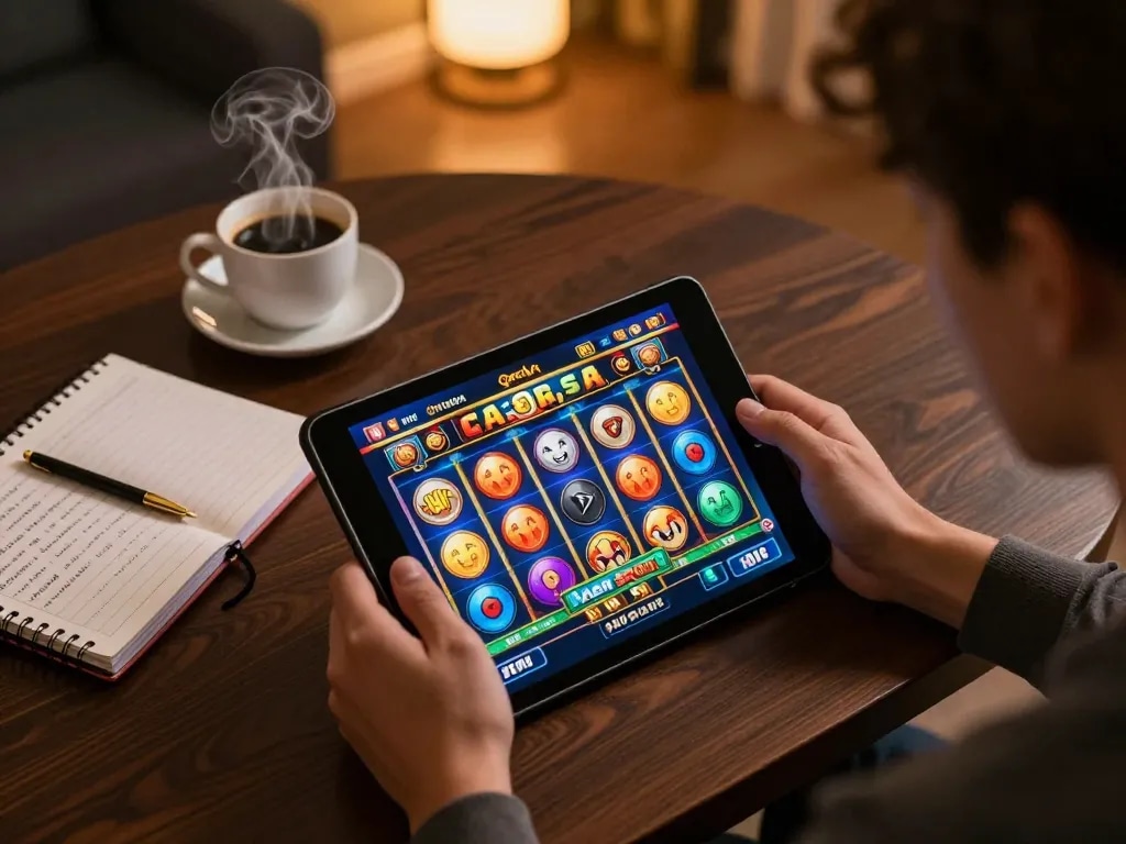 A person playing Agen Slot online on a tablet, surrounded by strategic notes and coffee.