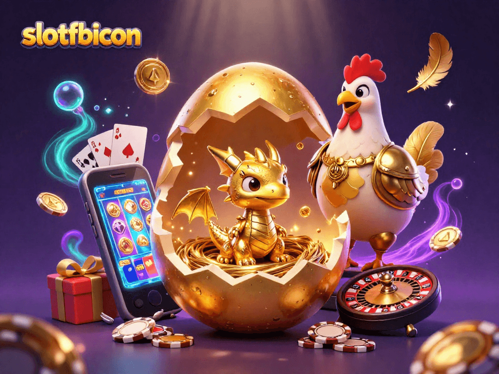 Experience the thrill of online gambling with slotfbicon, featuring a golden dragon and vibrant slot game elements, showcasing a rich casino atmosphere.