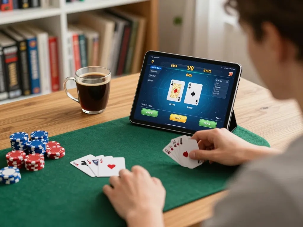 Engaging online poker gameplay with mpoid strategy in a cozy living room setting.