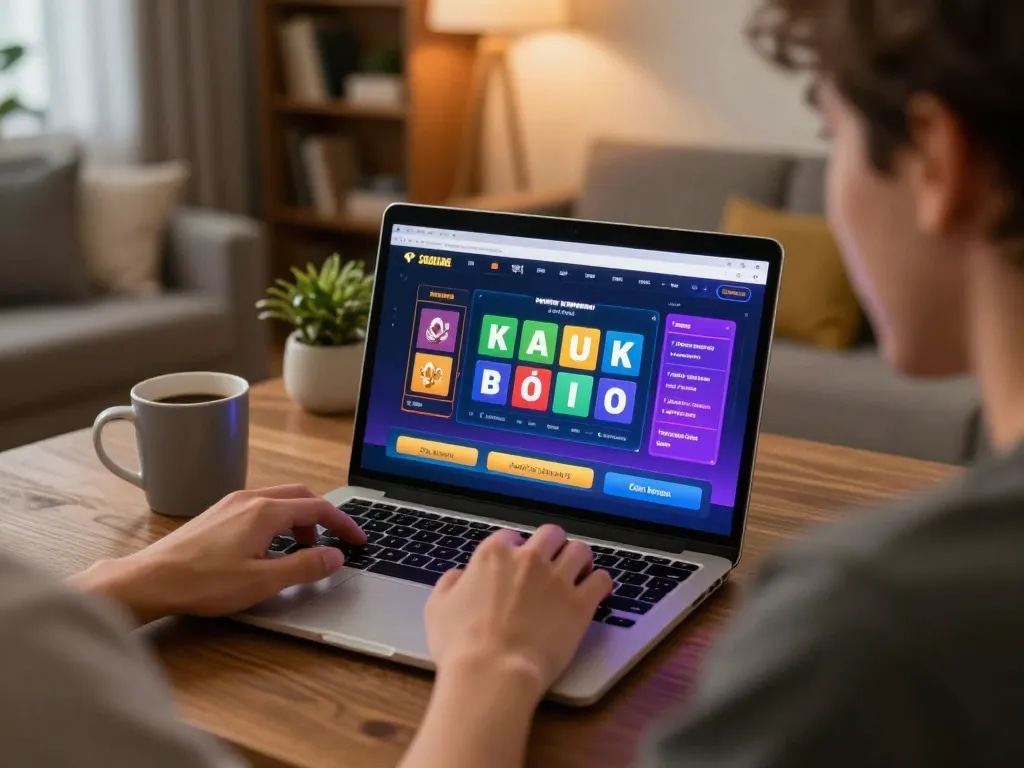 Engaged player enjoying đánh lô online with a laptop at home, showcasing vibrant gaming interface