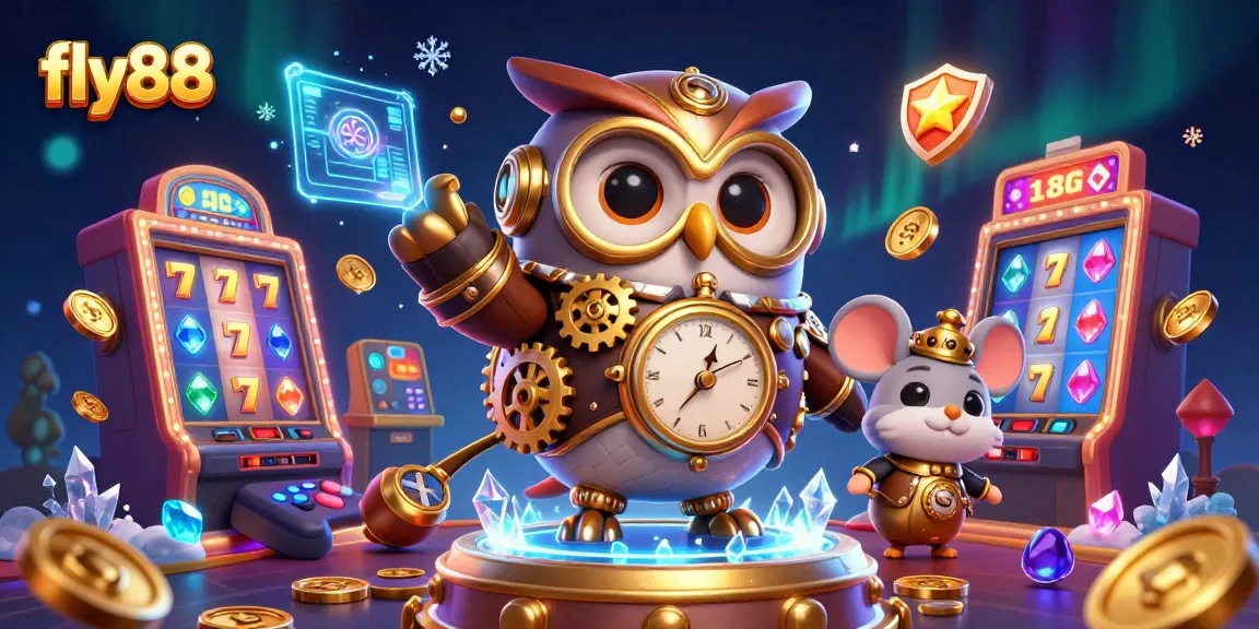 Engage with fly88's vibrant casino universe featuring a dynamic owl and clockwork mouse.