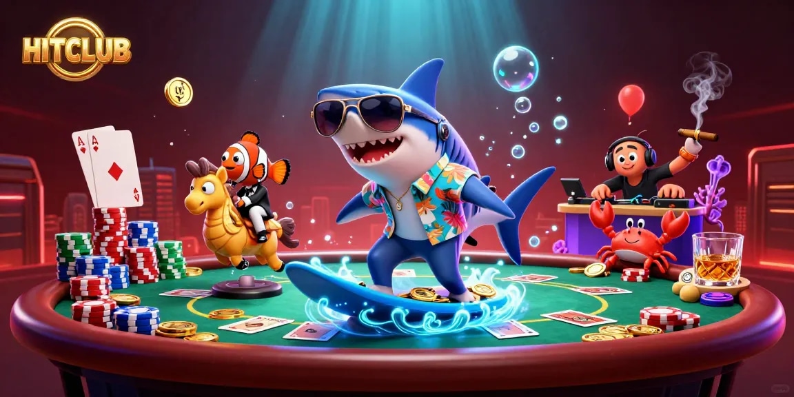 Experience HITCLUB's thrilling casino adventure with a vibrant underwater scene packed with poker elements.