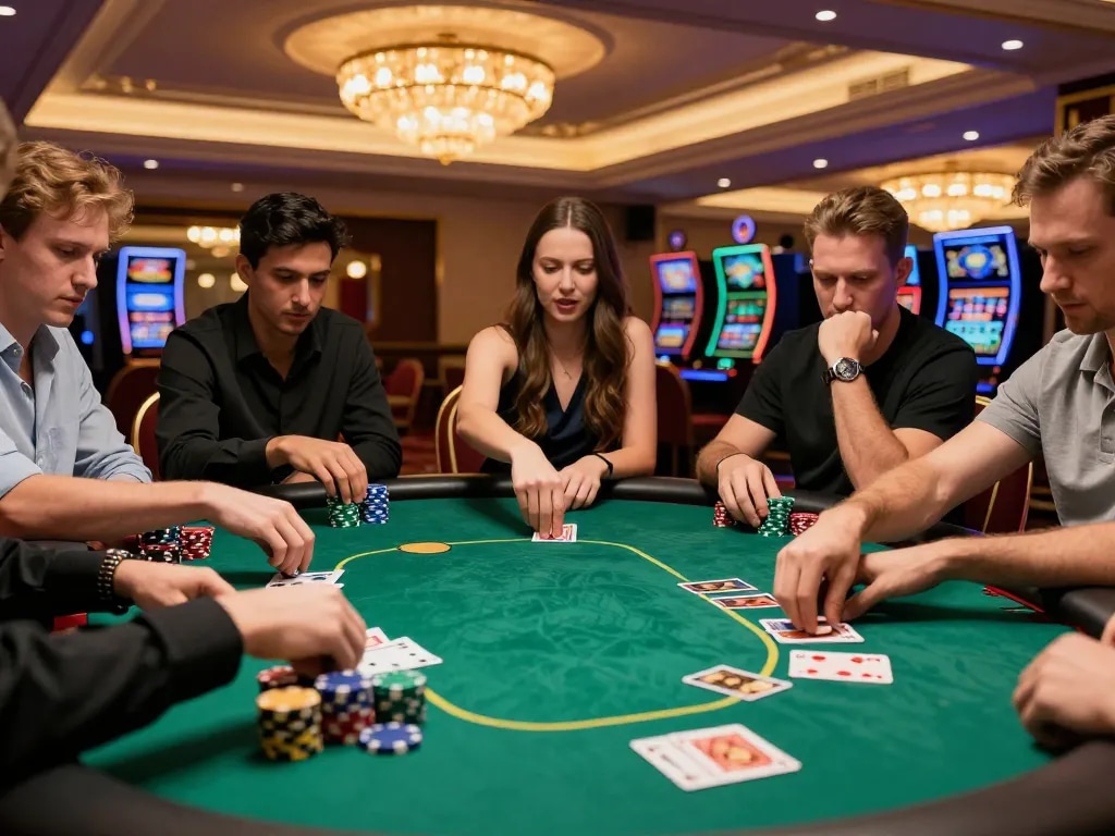 IDNSCORE poker game in an upscale casino with players handling cards and chips, showcasing strategic gameplay.