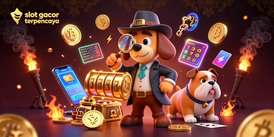 Slot gacor terpercaya menawarkan petunjuk dengan simbol slot dan karakter detektif dalam ilustrasi 3D.