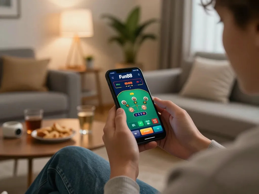 Person enjoying Fun88 mobile app for blackjack in a cozy home setup
