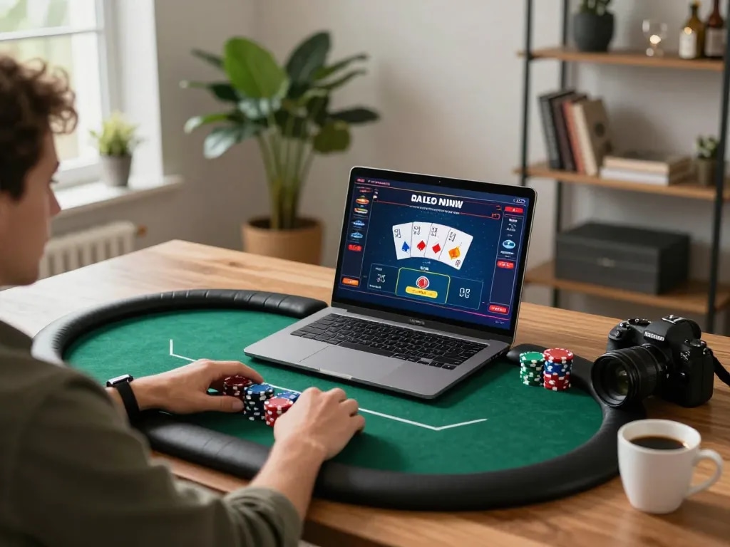 Online player engaged in SC88 VN gaming experience with poker interface and vibrant atmosphere