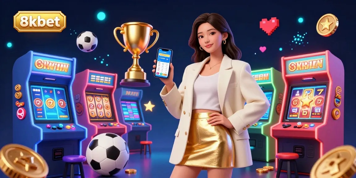 Engage with 8kbet's vibrant gaming scene featuring a stylish Asian woman showcasing sports betting on her smartphone amidst 3D casino elements.