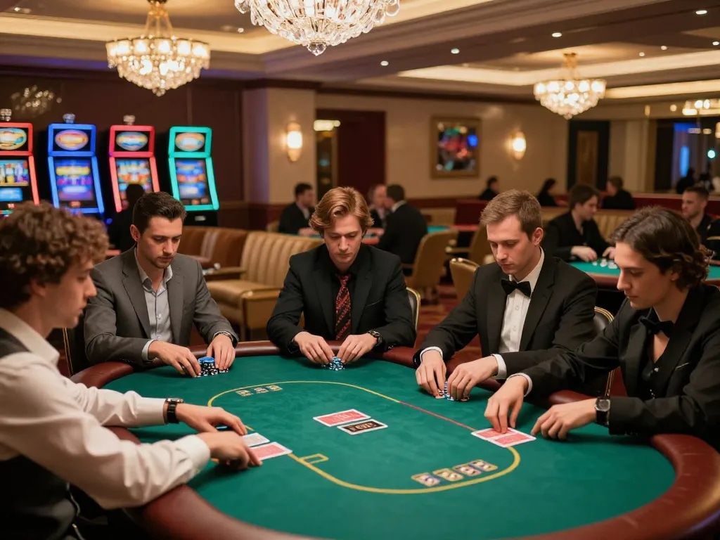 Players engaged in a high-stakes poker game at a luxurious casino, showcasing MPOID's strategic gameplay moments.