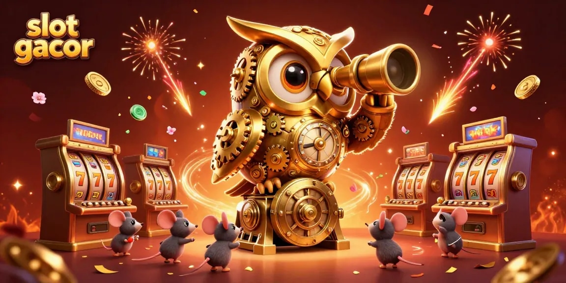 Menangkan slot gacor dengan simbol keberuntungan dan mesin slot yang berputar, dikelilingi koin hijau dan bunga sakura.