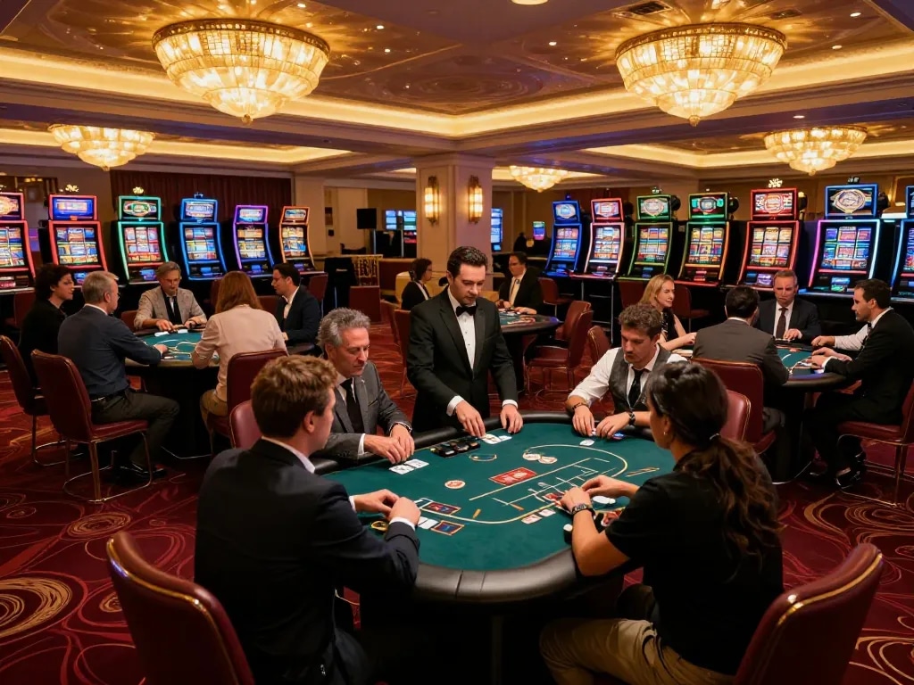 Players enjoy games at q23win.com casino floor, showcasing vibrant poker tables and engaging atmosphere.