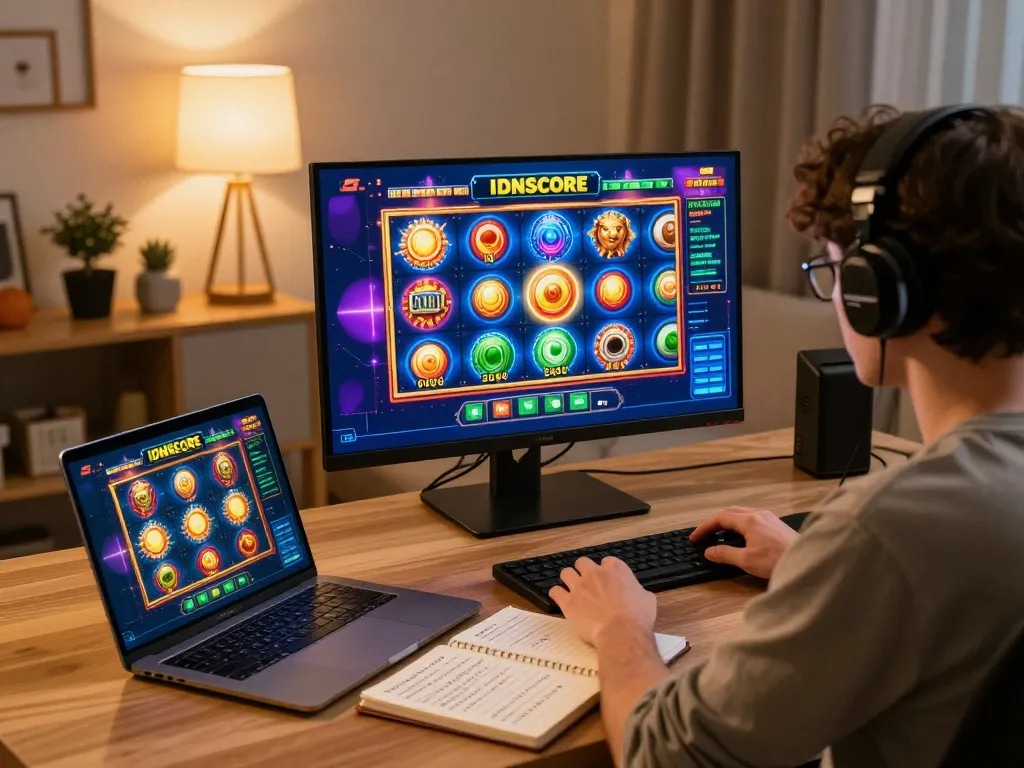 IDNSCORE player engaging with vibrant slot game graphics on a stylish home gaming setup.