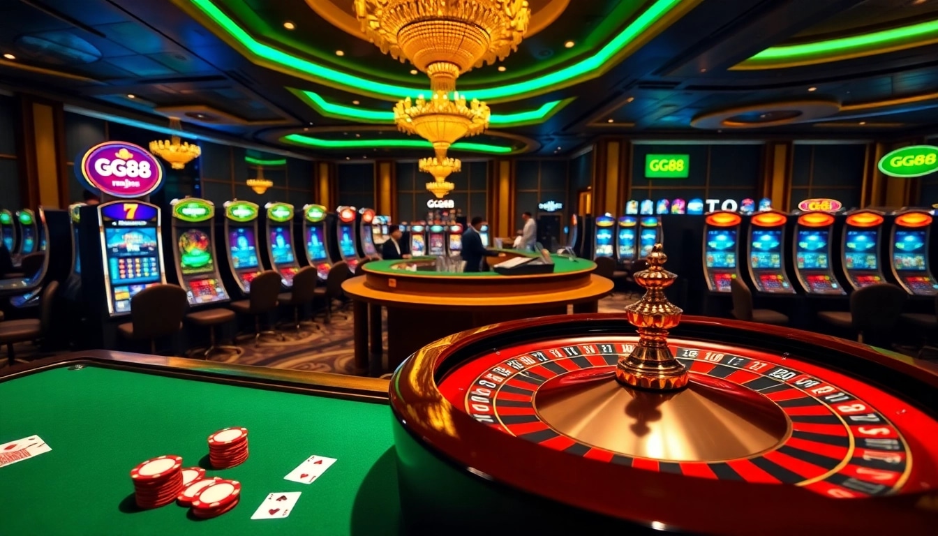 A vibrant online gambling scene at GG88 showcasing a roulette wheel, poker chips, and an engaging dealer.