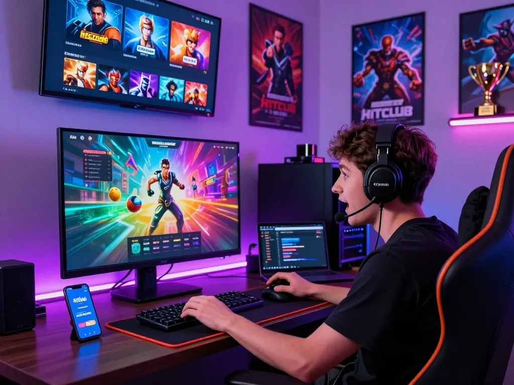 User playing interactive games on https://hit-club.me/ in a vibrant gaming setup with colorful screens and dynamic decor.