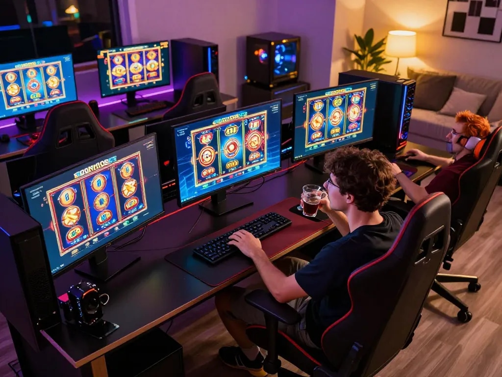 Kenzobet slot gaming setup showcasing immersive online experience with vibrant screens and joyful player.