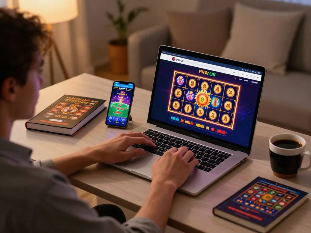 Engaged player explores LGOLUX gaming interface on a laptop during online casino session.