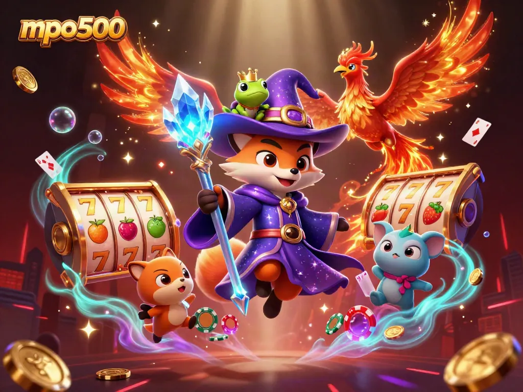 MPO500 menghadirkan slot penuh kesempatan emas dengan simbol jackpot dan karakter magis dalam ilustrasi digital yang menarik.