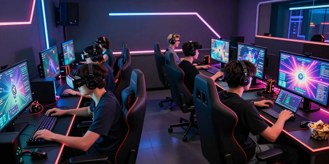 Pemain kompetitif menggunakan liga galaxy dalam suasana futuristik, fokus pada layar besar dan aksesori gaming.