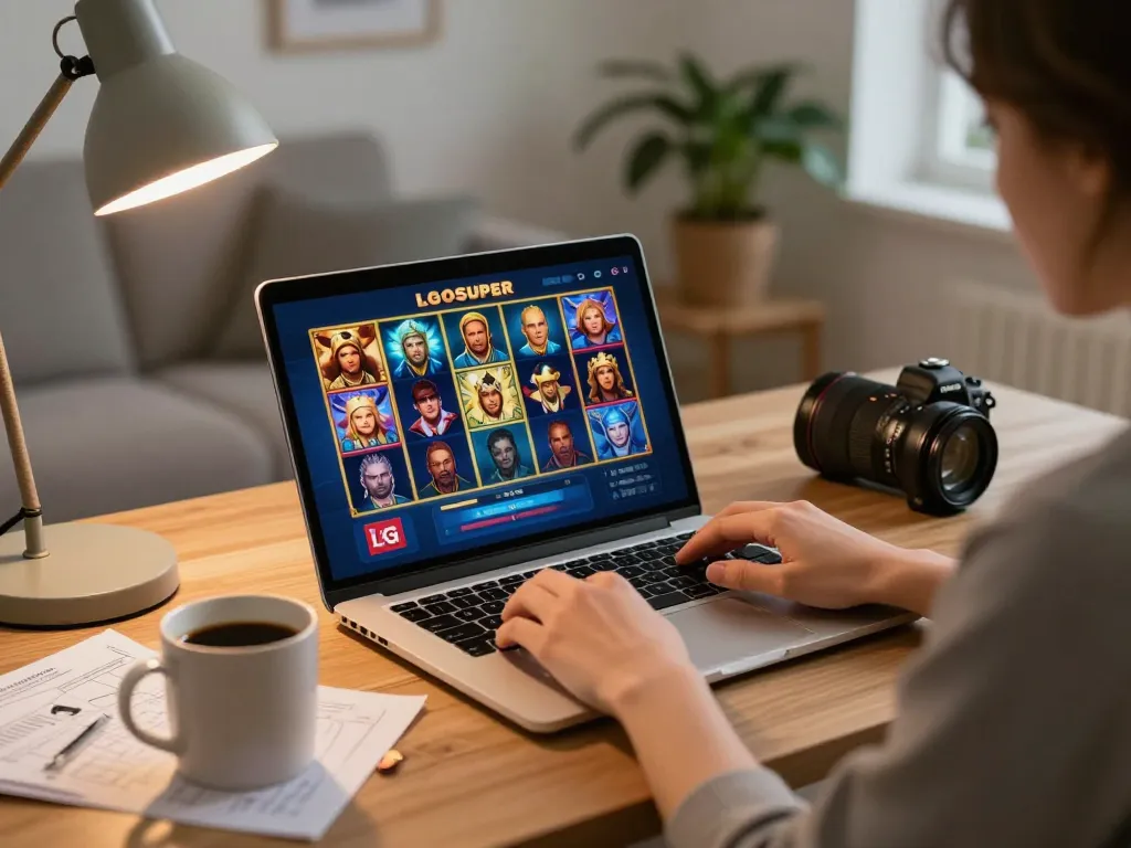 Player enjoying LGOSUPER slot games on a laptop, showcasing vibrant interface and cozy home atmosphere.